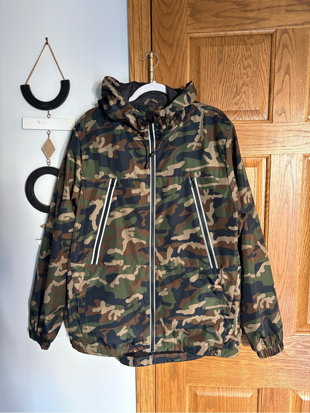 Forever 21 Men's Camouflage Hooded Windbreaker - Green Brown Black